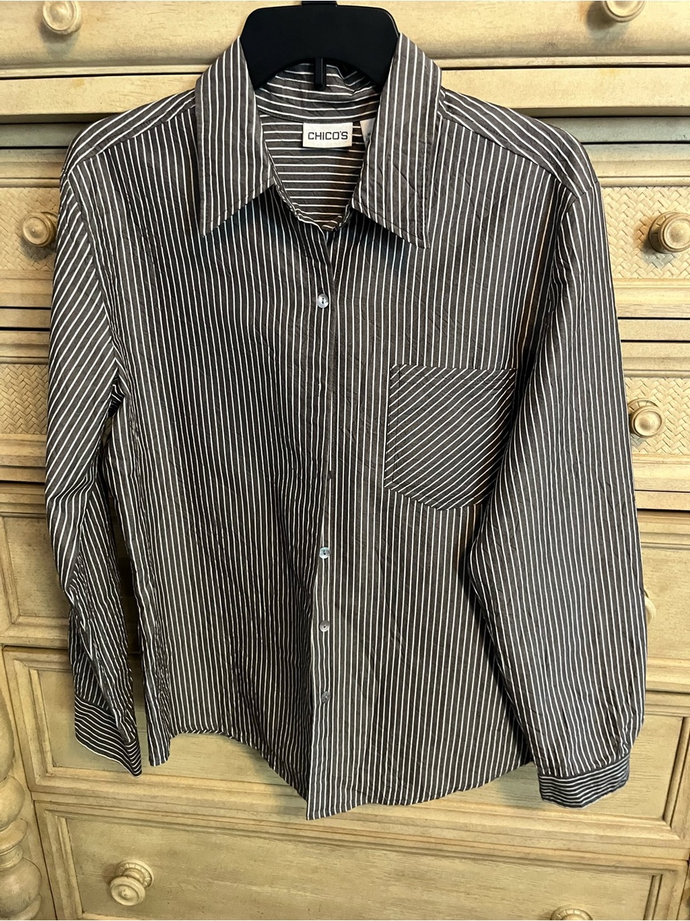 Chico's Women’s Grey and White Pinstripe Button-Down Shirt
